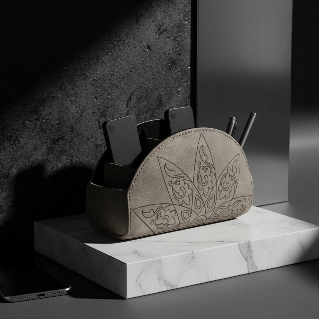 Leather Remote Control Holder — Multi-Compartment Desk Organizer