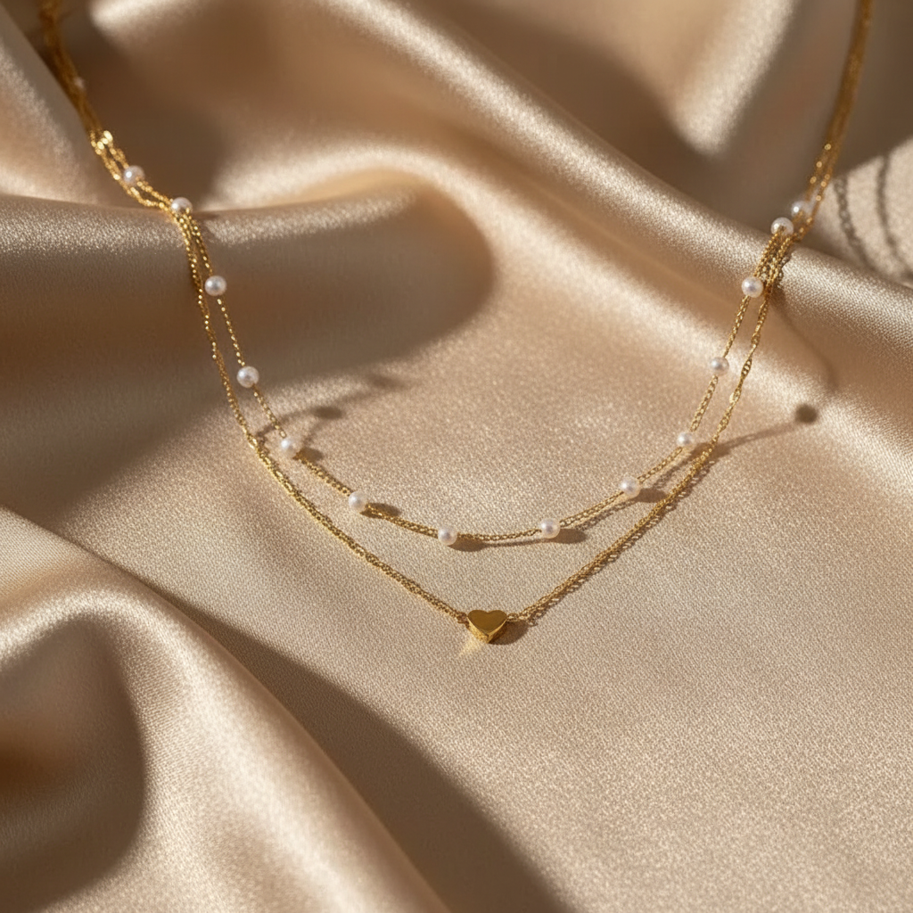 Double Layer Pearl & Love Heart Necklace - Elegant Gold Plated Jewelry