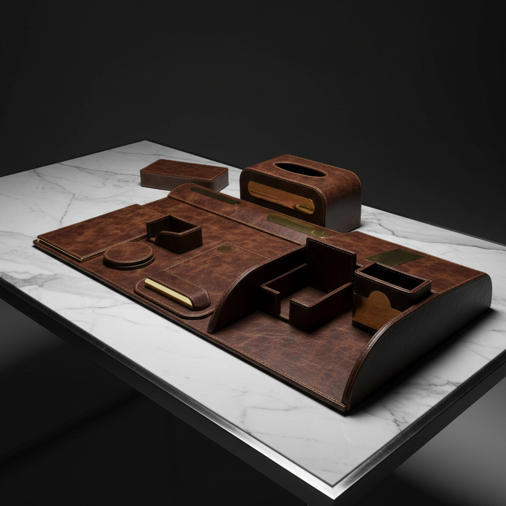 Luxury Brown Leather Office Desk Set with Gold Accents — Desk Organizer Collection