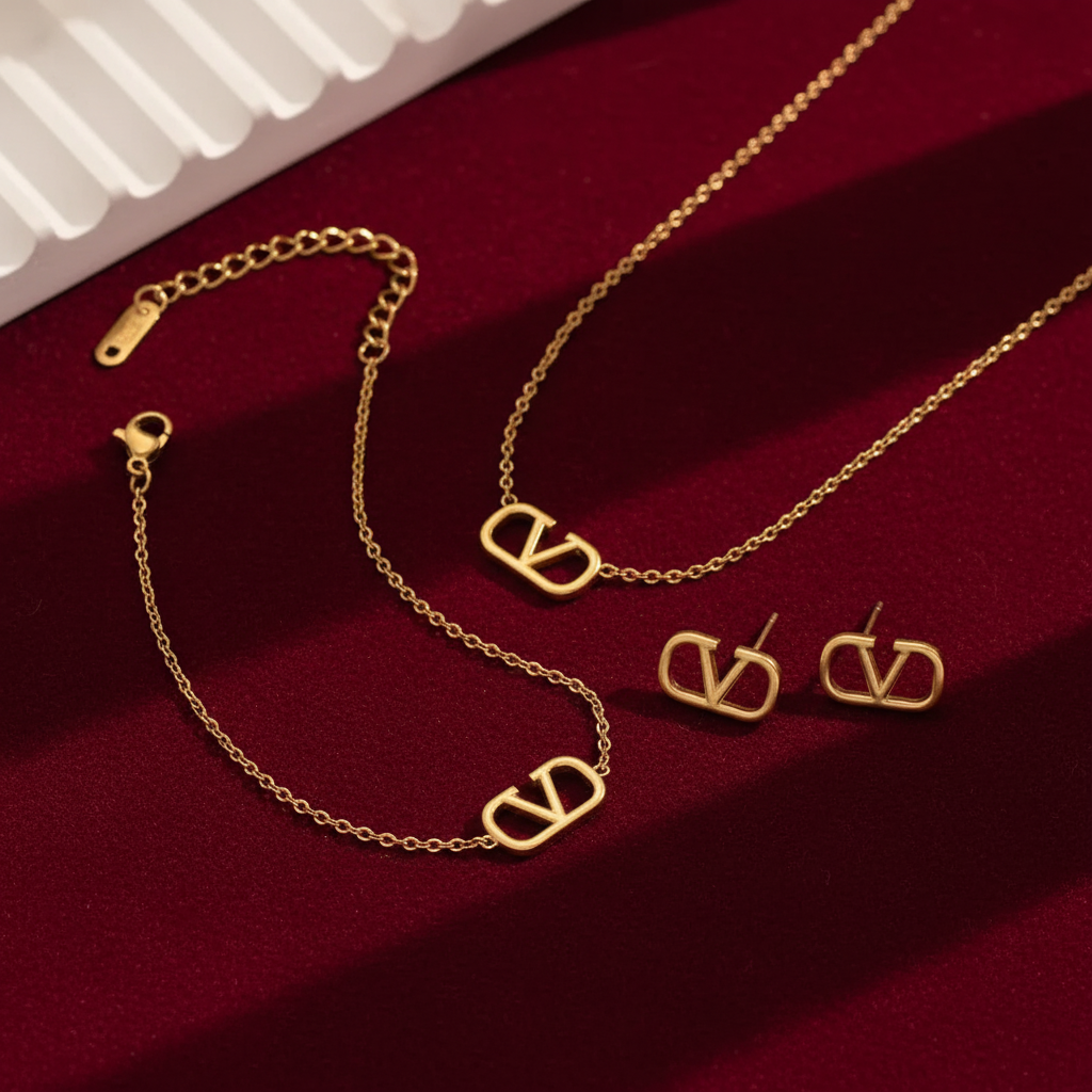 V-Letter Stainless Steel Jewelry Set - Elegant Initial Necklace & Earrings