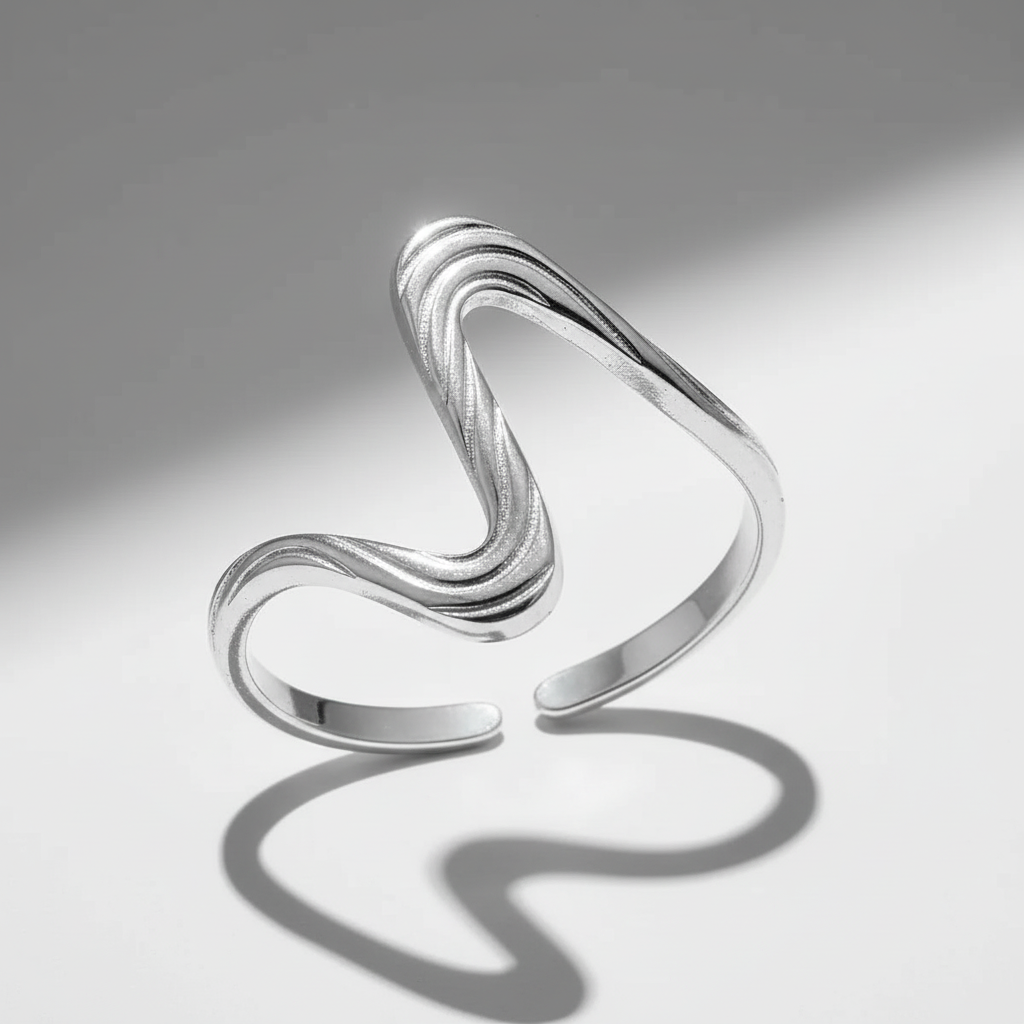 Wave Shape Style Cuff Ring – Adjustable Sterling Silver Open Ring